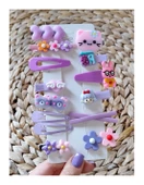 Periboia 14 Lü Set Çocuk Saç Tokası Seti Mor Tema Çoklu Figürlü Toka Set - 3