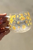 4lü Good Morning Çiçekli Kupa Cam Bardak Isıya Dayanıklı Kulplu Kahve Sunum Kahvaltı Süt Bardağı - 3