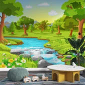 Nehir ve Orman Manzaralı Çocuk Odası Duvar Kağıdı Baskı thumbnail 3