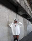 Oversize Üç İplik Bisiklet Yaka Baskılı SweatShirt - Beyaz - 1