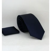 Lacivert Slim Fit Düz Renk Mendilli Saten Kravat - Ss-24 Lacivert - 1