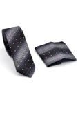 Gri Füme ve Siyah Verev Desenli Dokuma Kumaş Mendilli Slim Fit Kravat // SDK-240803 thumbnail 2