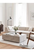 Eriza Lesley, Kare Traverten Mermer Desenli Modern Orta Sehpa, Krem - 1