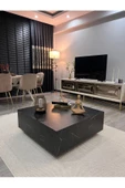 Eriza Lesley, Kare Traverten Mermer Desenli Modern Orta Sehpa, Siyah - 1