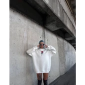 Oversize Üç İplik Bisiklet Yaka Baskılı SweatShirt - Beyaz - 2