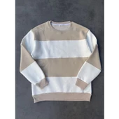 Parçalı Bisiklet Yaka Baskılı SweatShirt - Bej - 2