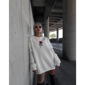 Oversize Üç İplik Bisiklet Yaka Baskılı SweatShirt - Beyaz - 4