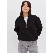 Oversize Yarım Farmuarlı Yakalı Basic SweatShirt - Siyah - 2