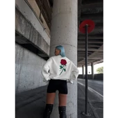 Oversize Üç İplik Bisiklet Yaka Baskılı SweatShirt - Beyaz - 3