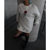 Oversize Üç İplik Bisiklet Yaka Baskılı SweatShirt - Beyaz - 1