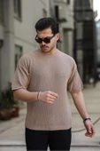 Düşük Kol Bisiklet Yaka Triko Erkek Tişört Kahve - 1