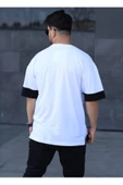 Oversize Erkek Tişört Yatay Çizili Beyaz Siyah - 2