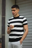 Yatay Çizgili Triko Bisiklet Yaka Erkek Tişört Siyah Beyaz - 1