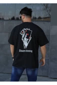 Baskılı Erkek Oversize Tişört Siyah İskambil - 1