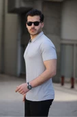 Polo Yaka Fermuarlı Erkek Tişört Gri - 2
