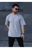 Oversize Erkek Tişört X Desenli Gri - 1
