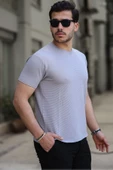 İnce Çizgili Bisiklet Yaka Erkek Tişört Gri - 2