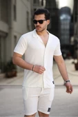 İnce Çizgili Erkek Gömlek ve Şort Takım Beyaz - 3