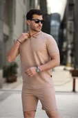 Polo Yaka Fermuarlı Tişört ve Sort Takım Kahverengi - 3