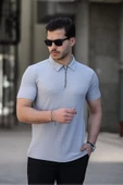 Polo Yaka Fermuarlı Erkek Tişört Gri - 1