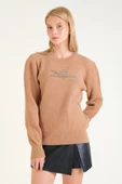 Kadın Baskılı Sıfır Yaka Tüylü Triko Kazak Camel thumbnail 2