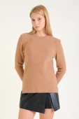 Kadın Sıfır Yaka Tüylü Triko Kazak Camel - 5