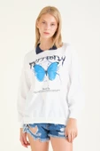 Kadın Kelebek Baskılı Polo Yaka Sweatshirt Lacivert - 3