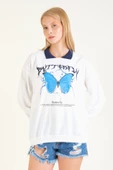 Kadın Kelebek Baskılı Polo Yaka Sweatshirt Lacivert - 4