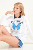 Kadın Kelebek Baskılı Polo Yaka Sweatshirt Lacivert - 1