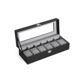SONGMICS 6 Yuvalı Saat Kutusu, Cam Kapaklı Saat Kılıfı, Kadife Saat Yastıkları, Tokalı Saat Tutucu, 11,2 x 30 x 8 cm, Hediye Fikri, Siyah Suni Deri, Gri Astar JWB06BK - 1