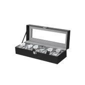 SONGMICS 6 Yuvalı Saat Kutusu, Cam Kapaklı Saat Kılıfı, Kadife Saat Yastıkları, Tokalı Saat Tutucu, 11,2 x 30 x 8 cm, Hediye Fikri, Siyah Suni Deri, Gri Astar JWB06BK - 2