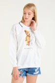 Kadın Baskılı Polo Yaka Sweatshirt Beyaz - 4