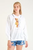 Kadın Baskılı Polo Yaka Sweatshirt Beyaz - 3