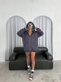 Oversize Tam Fermuarlı Uzun Kol Hırka - Füme - 3