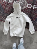 Uzun Kol Kapşonlu Göğüs Baskılı SweatShirt - Beyaz - 2