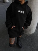 Uzun Kol Kapşonlu Göğüs Baskılı SweatShirt - Siyah - 1