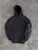 Kapşonlu Üç İplik Penye Basic SweatShirt - Füme - 1
