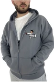 Unisex Gri Karikatür Baskılı Mevsimlik Oversize Kapüşonlu Hırka - 4
