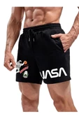 Erkek Siyah Nasa Astronot Baskılı Şort - 1