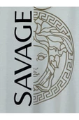 Erkek Beyaz Savage Baskılı Oversize Bisiklet Yaka T-shirt Şort Takım - 3