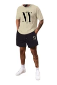 Erkek Bej New York Baskılı Şort T-shirt Takım - 1