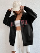 Unisex Bej Boston Baskı Kapüşonlu Hırka - 7