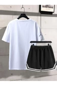 Erkek Beyaz Brooklyn 63 Baskılı Şort T-shirt Takım - 2