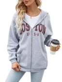 Unisex Bej Boston Baskı Kapüşonlu Hırka - 2