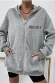 Unisex Gri Wrst Sırt Baskılı Ince Mevsimlik Kapşonlu Oversize Hırka - 3