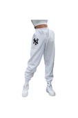 Kadın Beyaz Ny Baskılı Paça Lastikli Oversize Eşofman - 1