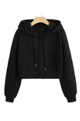 Kadın Fermuarlı Oversize Kapşonlu Crop Hırka - 2