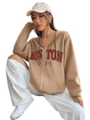 Unisex Bej Boston Baskı Kapüşonlu Hırka - 1
