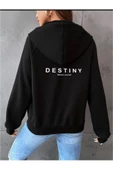 Kadın Siyah Destiny Baskı Fermuarlı Kapüşonlu Oversize Hırka - 2