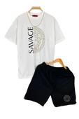Erkek Beyaz Savage Baskılı Oversize Bisiklet Yaka T-shirt Şort Takım - 1